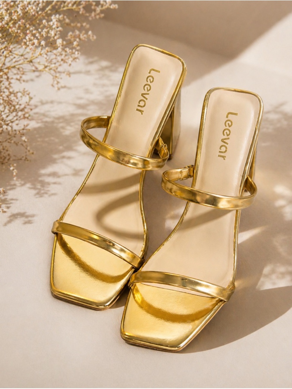 Leevar Metallic Gold Square-Toe Low Heel Sandals for Women